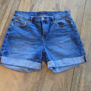 Tommy Hilfinger, Medium Wash Distressed Rolled Hem 14" Blue Jean Shorts, Size 8
